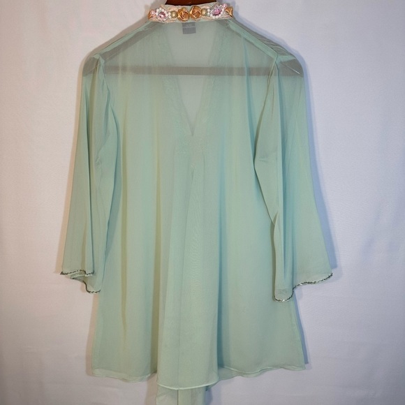 Queenora Womens Blouse Kaftan Lime Green Embedded Beads Ribbon Tunic Tunic Sz L - Picture 4 of 16